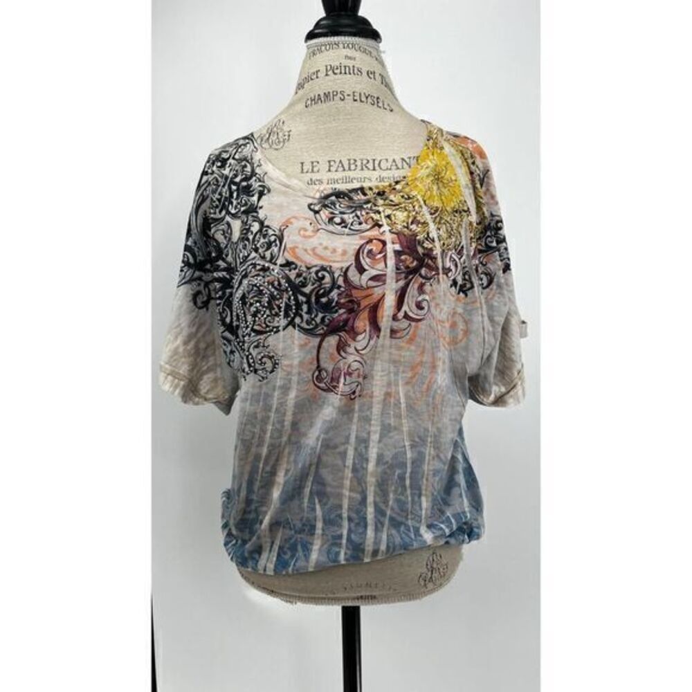 ROMEO & JULIET Studded Paisley All Over Print Smocked T-shirt Blouse LARGE